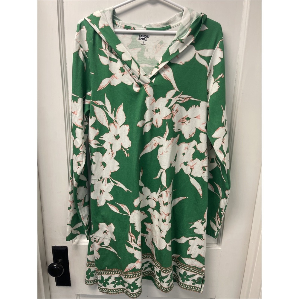 Womens Small Lands End Cotton Long Sleeve Hood Swim Cover-up Dress Green White